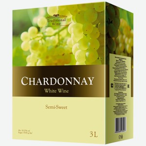 Вино TRADITIONAL WINE Шардоне сортовое белое полусладкое, 3л, Россия, 3 L