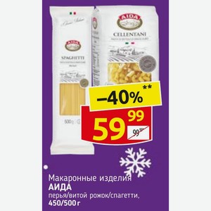 Макаронные изделия АИДА перья/витой рожок/спагетти, 450/500 г