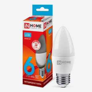 Лампа светодиодная IN HOME 6Вт-230В-4000К–E27, колба C37 свеча