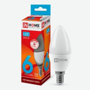 Лампа светодиодная IN HOME 6Вт-230В-4000К–E14, колба C37 свеча