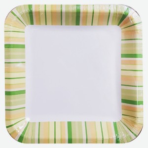 Тарелка одноразовая бумажная Квадрат 20х20 см зеленые полоски, 6 шт