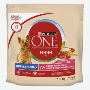 Корм для собак Purina One Мини для взрослых с говядиной и с рисом, 1.5 кг