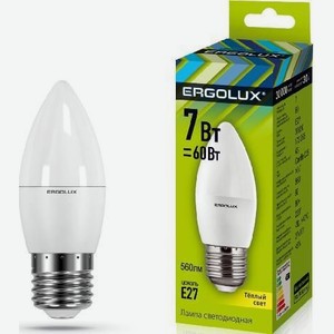 Лампа светодиодная Эрголюкс 7Вт Е27 свеча теплый с