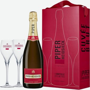 Шампанское Piper Heidsieck Cuvee Brut белое брют в подарочной упаковке + 2 бокала, 0.75л Франция
