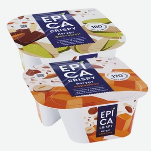 Йогурт «EPICA» CRISPY 10,2%: карамель-семена подсолнечника-орехи, фисташки-семена подсолнечника-тёмный шоколад; 140 г
