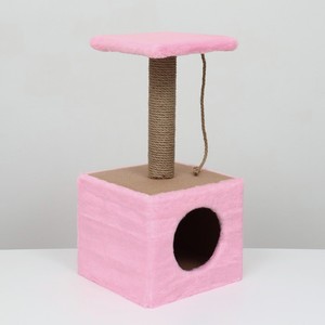 Домик для животных розовый с когтеточкой и полкой, 32*32*64 см