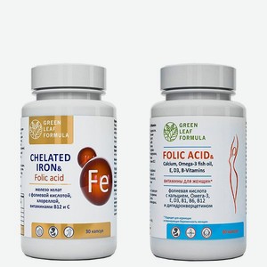 Набор Green Leaf Formula Железо витамины и Фолиевая кислота для беременных и кормящих женщин 90 капсул