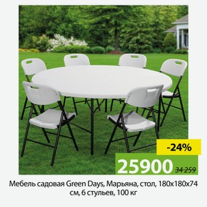 Мебель садовая Green Days, Марьяна, стол, 180х180х74 см, 6 стульев, 100 кг