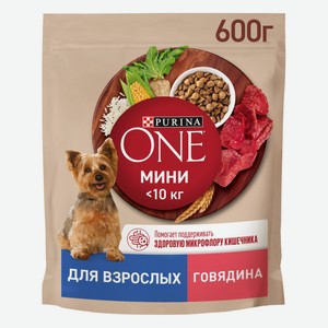 Сухой корм Purina ONE® МИНИ <10 кг для взрослых собак мелких и карликовых пород, с высоким содержанием говядины и с рисом, 600 г