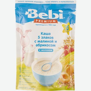 Каша с 6 мес с молоком Беби Премиум 5 злаков малина абрикос Калинска м/у, 200 г
