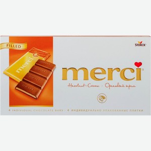 Шоколад MERCI молочный с начинкой из орехового крема, Германия, 112 г