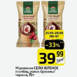 Мороженое СЕЛО ЗЕЛЕНОЕ пломбир, рожок: брусника/ черника, 70 г