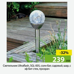 Светильник Ultraflash, SGL-005, солн бат, садовый, шар, с эф бит стек, прозрач