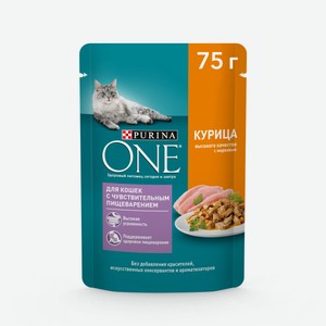 Влажный корм Purina ONE для кошек с чувствительным пищеварением, с курицей и морковью, пауч, 75г