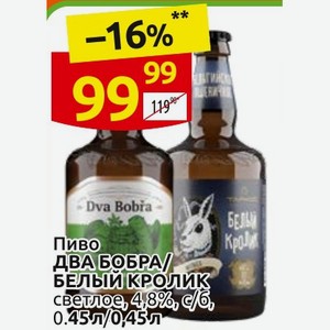 Пиво ДВА БОБРА/ белый кролик светлое, 4,8%, с/б, 0.45л/0,45л