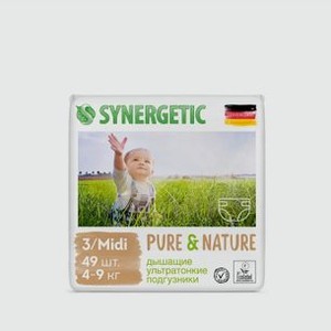 Подгузники дышащие ультратонкие детские SYNERGETIC Pure&nature, Размер 3 / Midi 49 шт
