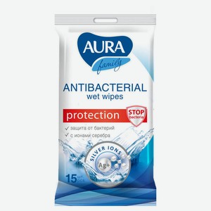 Влажные салфетки Aura c антибактериальным эффектом, 15 шт