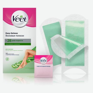 Восковые полоски Veet, технология Easy Gel-wax для сухой кожи, 12 шт