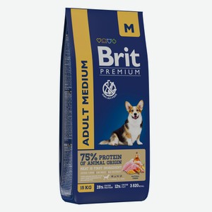 Корм сухой Brit Premium Adult Medium для взрослых собак средних пород с курицей, 15кг