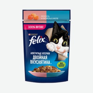 Felix влажный корм Аппетитные кусочки, Двойная Вкуснятина для взрослых кошек, с лососем и форелью, в желе (85 г)