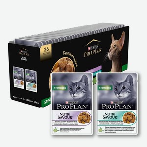 Purina Pro Plan (паучи) мультипак Паучи для кастрированных кошек 36шт (индейка, океаническая рыба в желе) (3,06 кг)