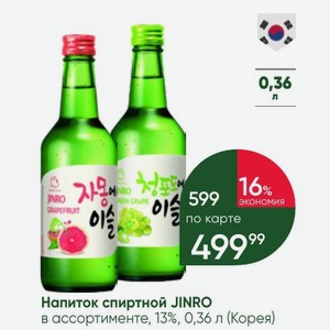Напиток спиртной JINRO в ассортименте, 13%, 0,36 л (Корея)