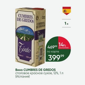 Вино CUMBRES DE GREDOS столовое красное сухое, 12%, 1 л (Испания)
