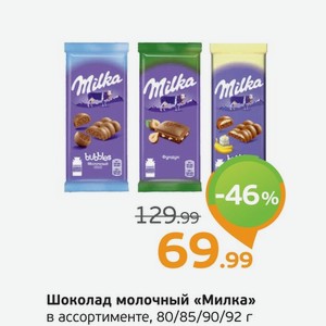 Шоколад молочный  Милка  в ассортименте, 80-92 г