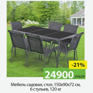 Мебель садовая, стол, 150*90*72см, 6 стульев, 120кг.