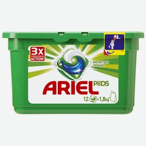 Капсулы для стирки Ariel Pods 3 в 1 горный родник, 12 шт., пластиковая коробка