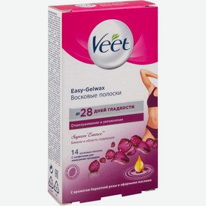 Восковые полоски для депиляции Veet Easy-Gelwax c ароматом бархатной розы и эфирными маслами, 14 шт.
