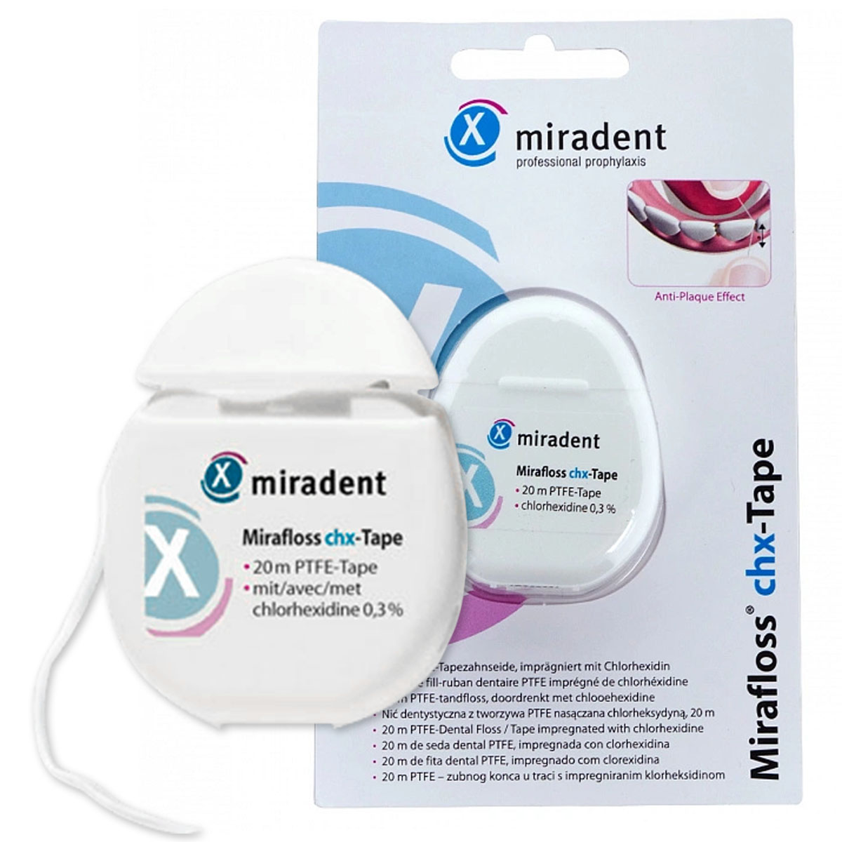 Зубная нить miradent Mirafloss chx-Tape с хлоргексидином, 20 м Mirafloss chx-Tape с хлоргексидином, 20 м